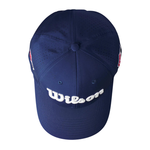 The Wilson Performance Mesh Cap by Wilson, shown top-down in navy blue with white embroidered Wilson, features breathable mesh, ventilation holes, and side patches—ideal for golfers in New Zealand.