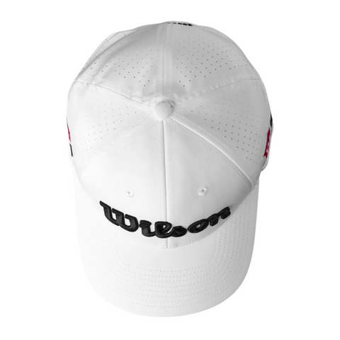The Wilson Performance Mesh Cap by Wilson is a white, breathable golf hat with small ventilation holes, a top button, and Wilson embroidered in black on the front.