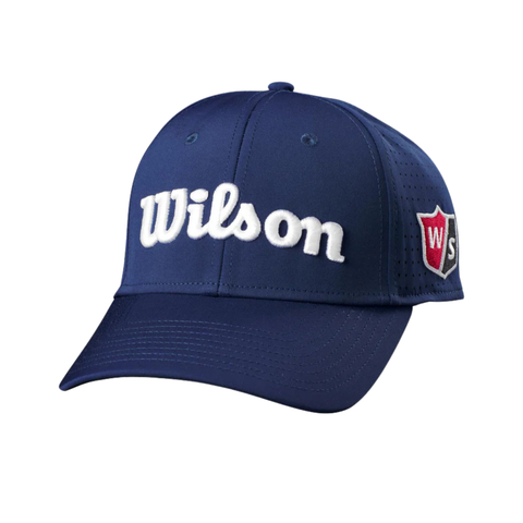 The Wilson Performance Mesh Cap is a navy blue, breathable golf hat featuring “Wilson” embroidered in white on the front and a red-and-white Wilson shield logo on the side—ideal for golf fans in New Zealand.