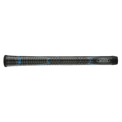 The Winn Dri-Tac 2.0 Womens Grip is a black all-weather golf grip with blue accents and a textured pattern, designed for reliable performance. The Winn brand name and model appear on the side.