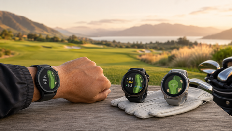 Three golf GPS watches displaying course maps and yardages on a New Zealand golf course.
