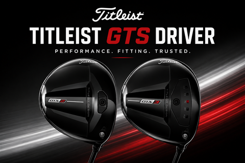Hero image for a blog about the Titleist GTS Driver, featuring the latest GTS2 and GTS3 driver heads with the title “Titleist GTS Driver”, highlighting premium performance, fitting, and technology for golfers.