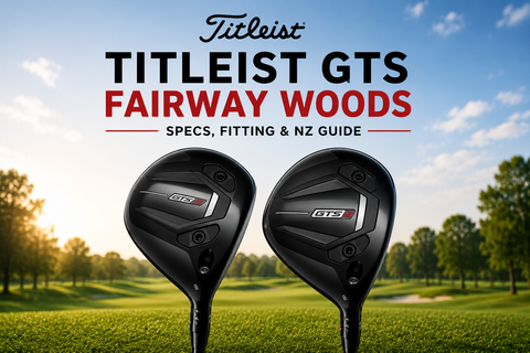 Titleist GTS Fairway Woods hero image featuring the GTS2 and GTS3 fairway woods on a pristine golf course with the title “Titleist GTS Fairway Woods”, showcasing the latest Titleist fairway technology and premium design.