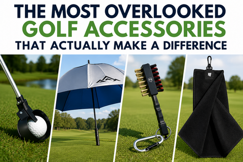 **Alt text:** **Blog banner titled “The Most Overlooked Golf Accessories That Actually Make a Difference” featuring a golf ball retriever, UV golf umbrella, club cleaning brush and golf towel on a golf course background.**
