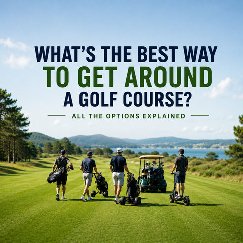 Golfers using different methods to get around a golf course, including carrying a golf bag, pushing a trundler, using an electric trundler, riding in a golf cart, and using a golf scooter, illustrating the various ways golfers travel around the course.