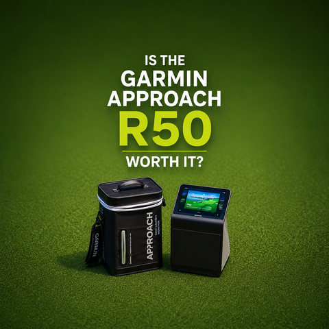 Garmin Approach R50 launch monitor and carry case on indoor golf turf with the headline "Is The Garmin Approach R50 Worth It?", highlighting Garmin's premium golf simulator and launch monitor technology