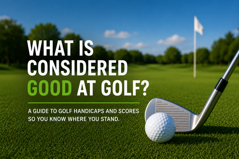 Blog banner featuring a golf ball and iron on a golf course with the title “What Is Considered Good At Golf?” and a guide to golf handicaps and scores.