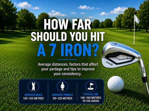 Blog banner featuring a 7 iron and golf ball on a fairway with the title “How Far Should You Hit A 7 Iron?” and a focus on average distances, yardage factors and improving consistency.