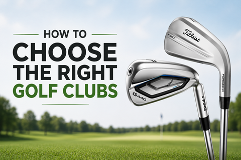 Golf irons comparison featuring a Ping G440 game-improvement iron and a Titleist T350 iron beside the title "How To Choose The Right Golf Clubs" on a golf course background.