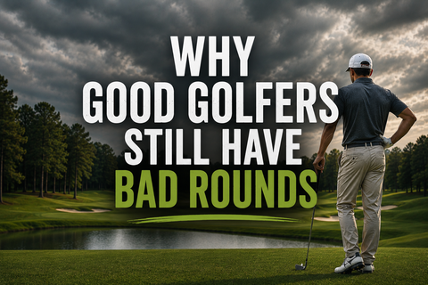 Golfer standing on a golf course under dramatic storm clouds with the headline “Why Good Golfers Still Have Bad Rounds” centred on the image, illustrating the ups and downs of golf performance.
