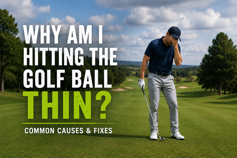 Frustrated golfer on a golf course after a poor shot with the title "Why Am I Hitting The Golf Ball Thin?" highlighting common causes and fixes for thin golf shots.