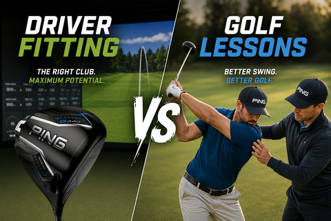 Driver Fitting vs Golf Lessons blog banner featuring a PING G440 Max driver alongside a golf coach helping a golfer with their swing, with bold Driver Fitting vs Golf Lessons title text on a split-screen golf background.