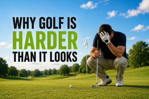 Golf blog banner featuring a frustrated golfer kneeling on the fairway with the title "Why Golf Is Harder Than It Looks" against a bright blue sky.