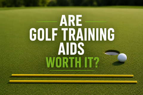 Golf training aids on a putting green with yellow alignment sticks and the title "Are Golf Training Aids Worth It?" illustrating a guide to improving golf practice and performance.