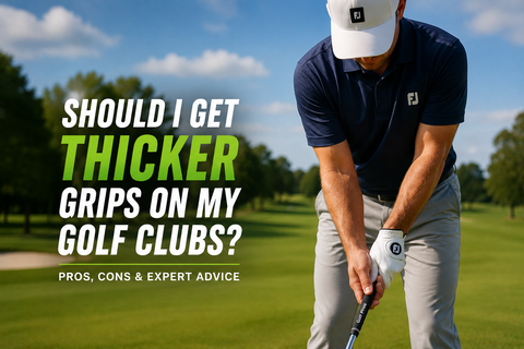 Golfer carefully gripping a golf club with a Golf Pride grip, illustrating the difference thicker golf grips can make for comfort, confidence and control. Blog title: "Should I Get Thicker Grips On My Golf Clubs?"