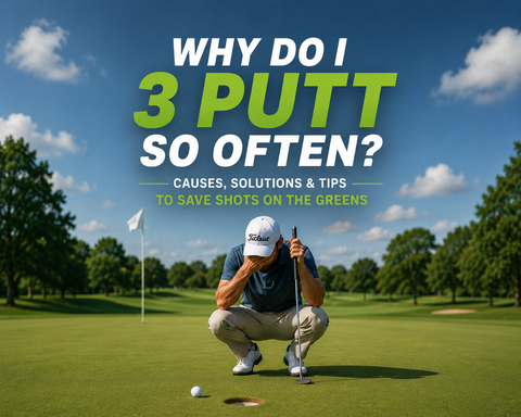 Frustrated golfer reacting after another three-putt on the green, illustrating the common causes of three-putting and how better distance control can help lower scores. Blog title: "Why Do I 3 Putt So Often?"