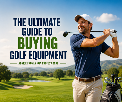 Happy golfer on a golf course with the title "The Ultimate Guide to Buying Golf Equipment: Advice From a PGA Professional", featuring expert advice on choosing golf clubs, bags, trundlers, rangefinders, golf balls and golf accessories.