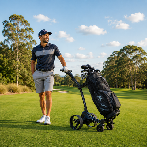 Golfer with MGI Zip Navigator AT electric golf trundler and MGI Dri Play cart bag on a golf course, demonstrating the convenience of electric golf buggies