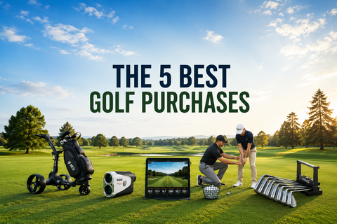 Golf equipment buying guide featuring an MGI electric trundler, laser rangefinder, launch monitor, golf coaching lesson, and fitted golf irons on a sunny golf course.