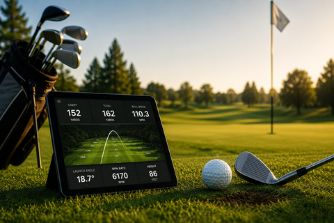 Golf launch monitor tracking ball speed, launch angle, spin rate, and carry distance with golf clubs and ball on a golf course practice area.