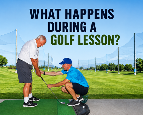PGA golf coach giving a golf lesson at a driving range, showing a golfer how to improve grip, setup, and swing fundamentals.