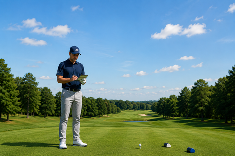 Golfer standing on a tee box holding a scorecard while assessing a golf hole, illustrating how to choose the correct tees to play from based on ability and course length.