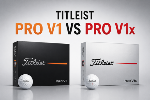 Titleist Pro V1 and Pro V1x golf balls comparison featuring the 2025 Pro V1 and Pro V1x boxes alongside golf balls, highlighting the differences between Titleist's two flagship premium golf ball models.