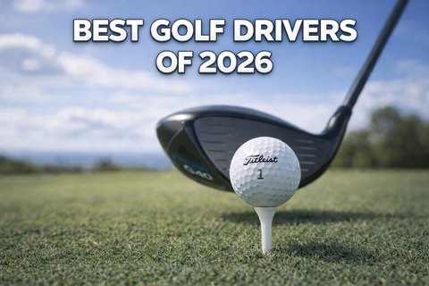 Title reads Best Golf drivers of 2026, a golf driver is hovering behind a white titleist golf ball which is teed up