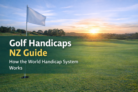 A white golf flag on a green with the sunset in the background