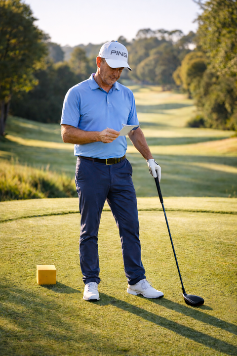 Golfer standing on the yellow tees looking at his scorecard