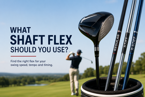 A golf bag with a driver in it and some shafts beside it labelled regular, stiff and X Stiff