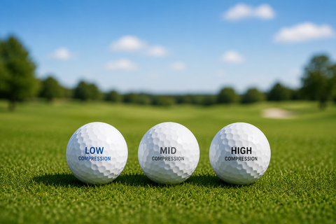 Three golf balls lying on the grass, labelled low compression, mid compression and high compression