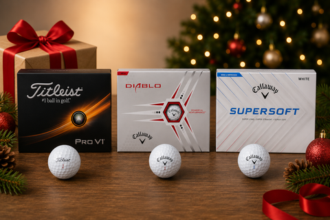 Titleist Pro V1 Golf Balls, Callaway Hex Diablo Golf Balls and Callaway Supersoft Golf Balls all on display with Christmas theme behind