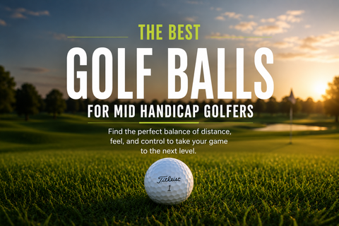 A titleist golf ball sitting on the grass, text saying the best golf balls for mid handicap golfers