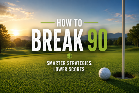 White golf ball sitting by the hole, sun shining in the back geound, text that reads How to Break 90. Smarter Strategies, lower scores