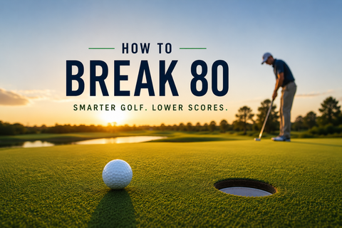 A golfer putting towards the hole with text saying How to Break 80 and smarter golf, lower scores below it