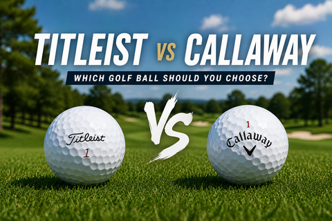 A white Titleist Golf ball on green grass sitting beside a Callaway Golf ball with text saying Titleist vs Callaway, which golf ball should you choose?