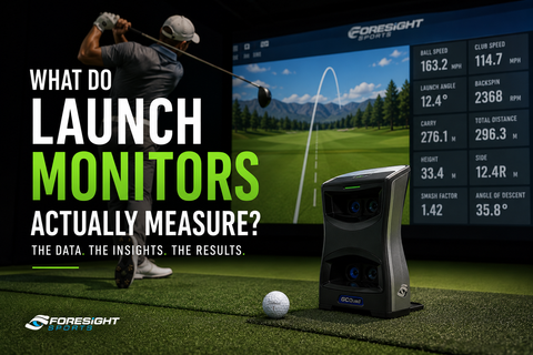A golfer hitting in a simulator and a GC Quad in full view