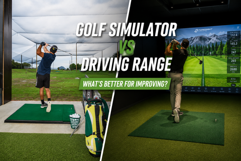 A golfer on the left using the Golf 360 driving range and a golfer on the right using the Golf 360 Studios