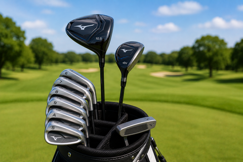 A beginner set of clubs with driver, hybrid, 6 iron to Sand Wedge, putter and bag