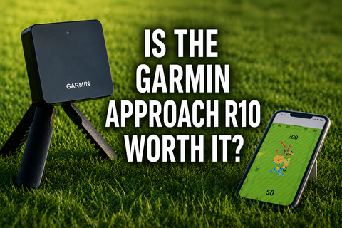 The Garmin Approach R10 and a phone with the app on it sitting on green grass in an outdoors environment