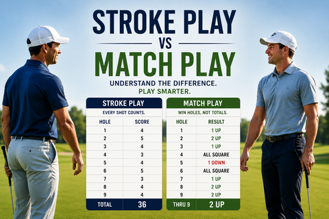 Stroke play vs match play golf infographic showing two golfers on a golf course with side-by-side scorecards comparing total scoring in stroke play and hole-by-hole scoring in match play.