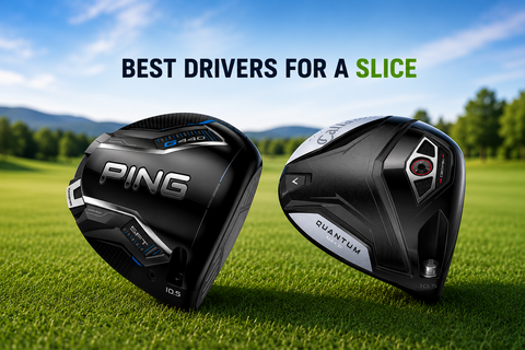 Ping G440 SFT and Callaway Quantum Max D golf drivers on a golf course with text reading “Best Drivers for a Slice”