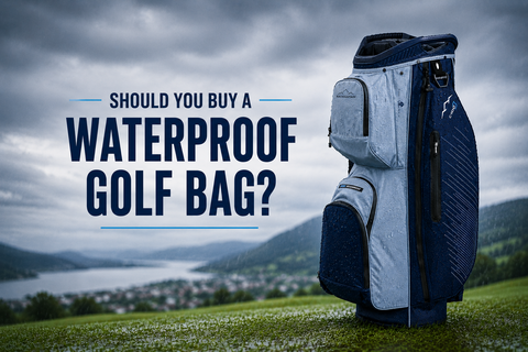Waterproof Sun Mountain C100 H2NO golf bag standing on a rainy golf course with dramatic storm clouds, featured in a blog discussing whether waterproof golf bags are worth buying.