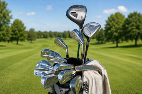 Vintage golf clubs and early 2000s golf equipment in a golf bag on a fairway, featuring older Titleist woods, Wilson Staff irons, and classic golf gear from around 25 years ago.