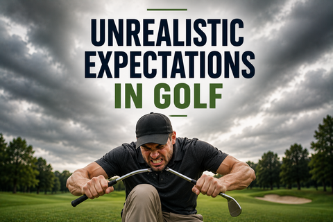 Frustrated golfer on a golf course snapping a wedge over his knee beneath stormy skies, featured in a blog about unrealistic expectations in golf.