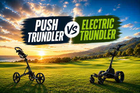 Push trundler and electric golf trundler side by side on a golf course at sunrise, comparing traditional manual trundlers with modern remote-control electric trundlers.