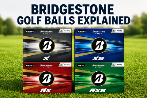 Bridgestone Tour B golf ball range featuring the X, XS, RX, and RXS models displayed in a clean comparison layout for a golf ball guide blog.