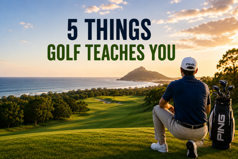 Golfer sitting beside a Ping golf bag overlooking a scenic golf course at sunset, featured in a blog about five important lessons golf teaches over time.