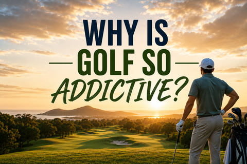 Golfer standing beside a golf bag overlooking a golf course at sunset, featured in a blog discussing why golf becomes so addictive for so many players.